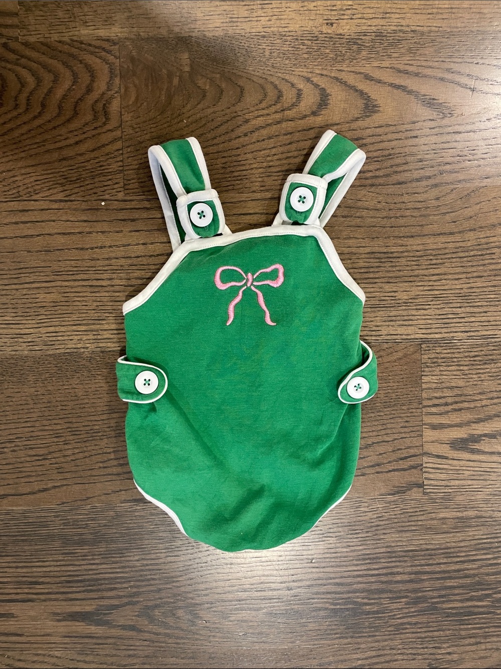 Green Kids Romper with Pink Bow Design